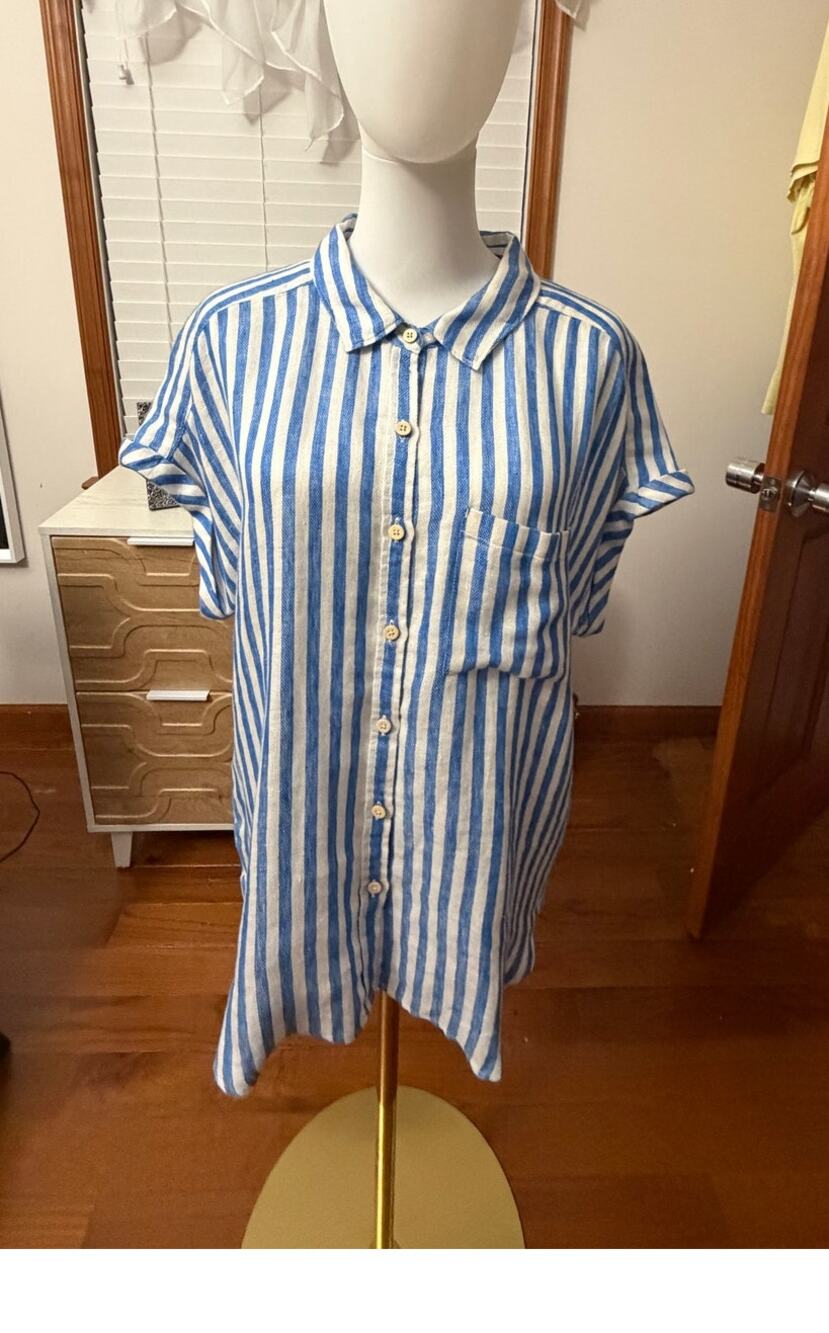 Faherty Gemina Pintuck 100% Linen Top Blouse Deep Sea Blue Stripe Size L